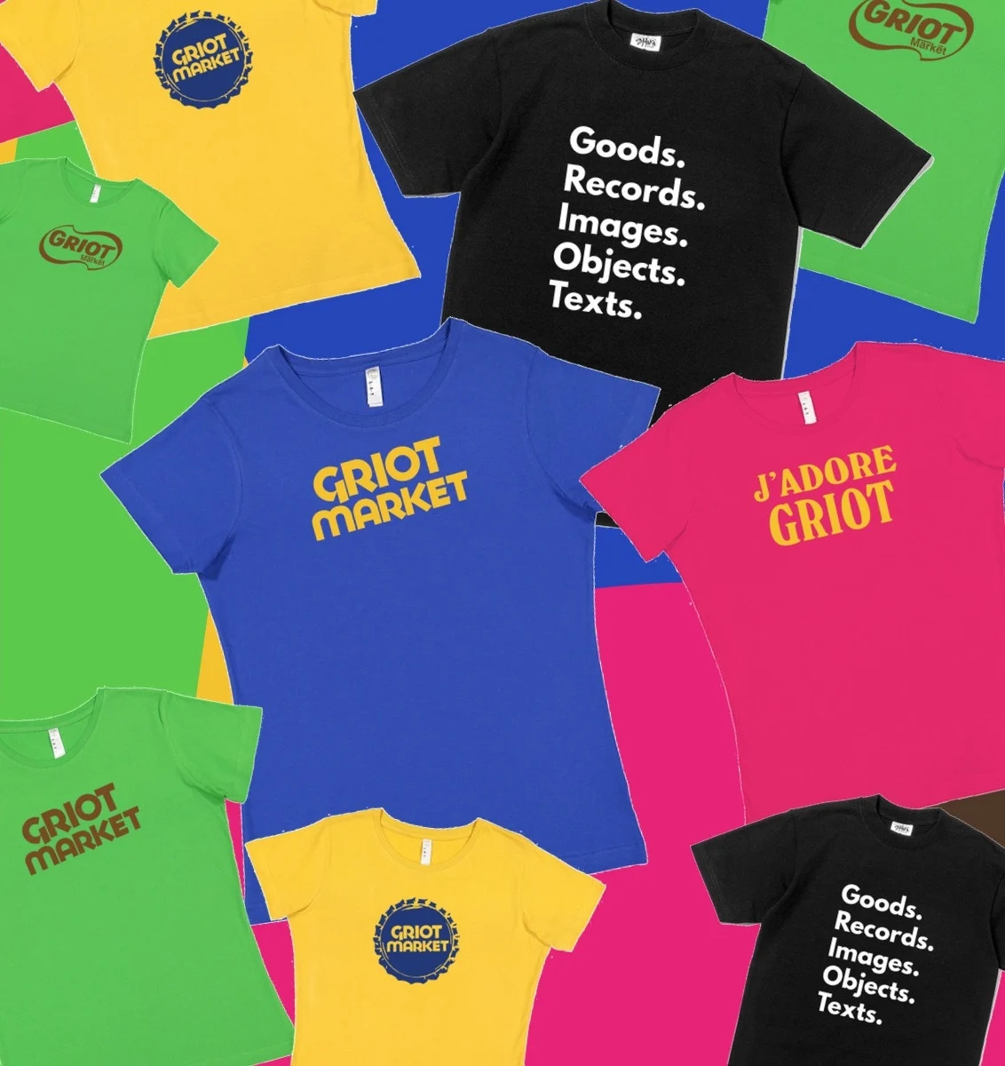 A composition of colorful Griot T-shirts and printed graphics